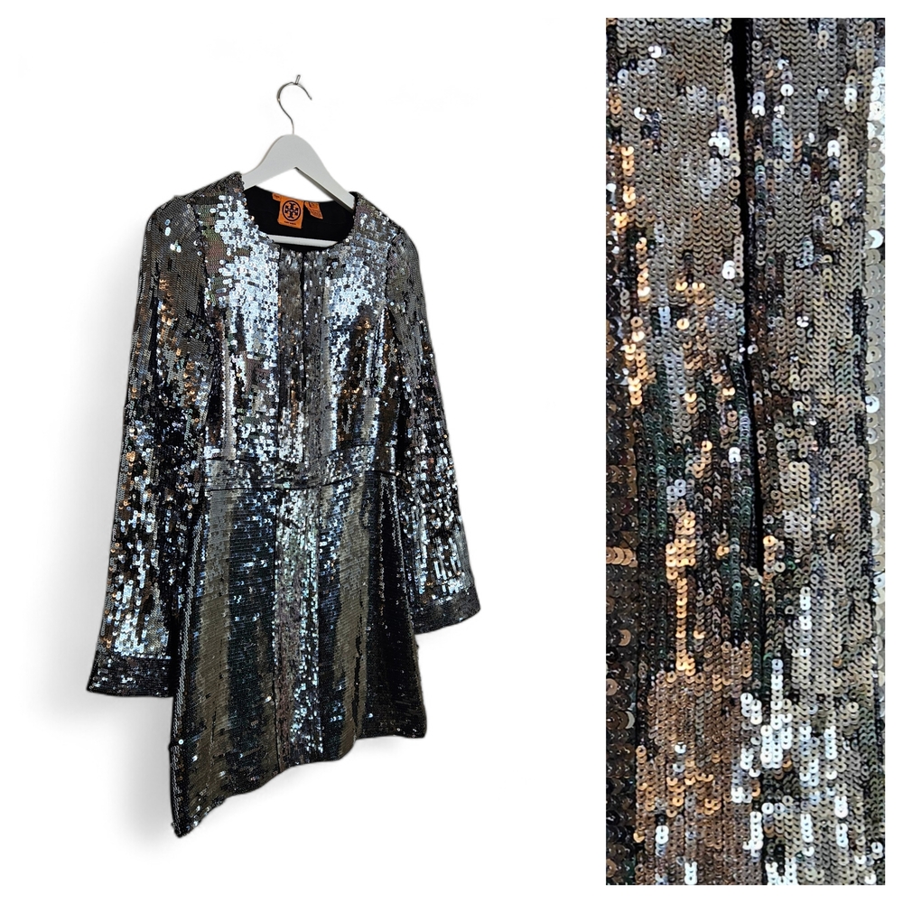 Tory Burch Dress Size 2 Aurelia Sequin Silk Long Sleeve Cocktail NYE Glam Silver